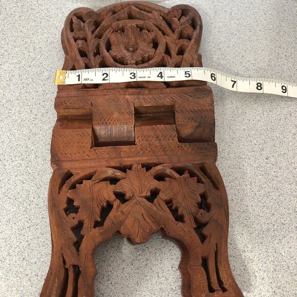 Vintage Teak Wood Book Stand Holder Hand Carved Kitchen Stand Fall Floral Leaf - Picture 10 of 10